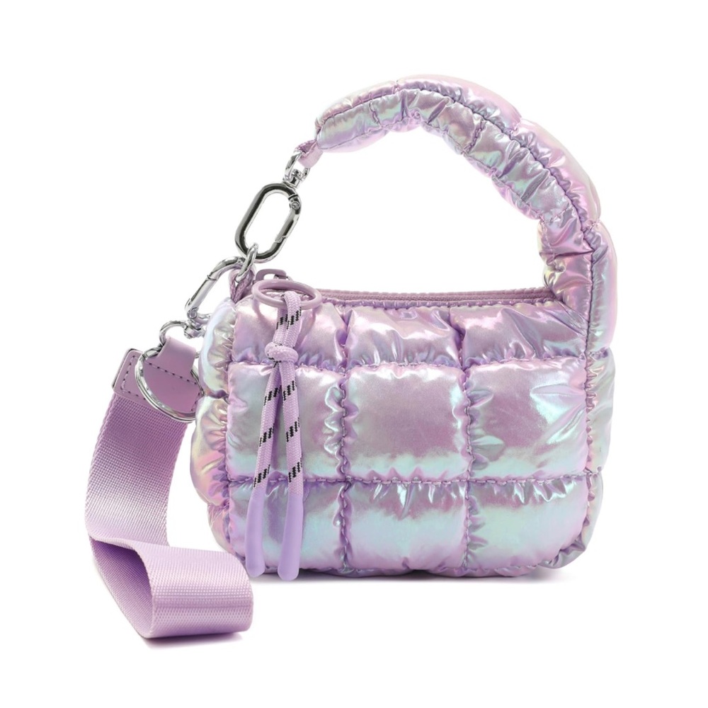 NWT Iridescent Micro Mini Puffer Quilted Wristlet Bag Charm Lilac Purple